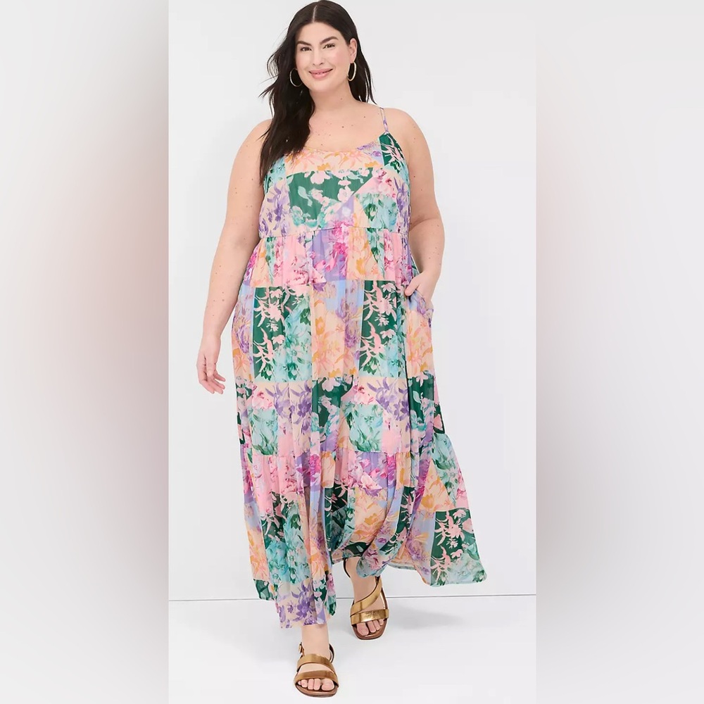 Lane Bryant Pink and Green Spaghetti Strap Maxi Sundress Tiered Floral Size 24 - Picture 2 of 12